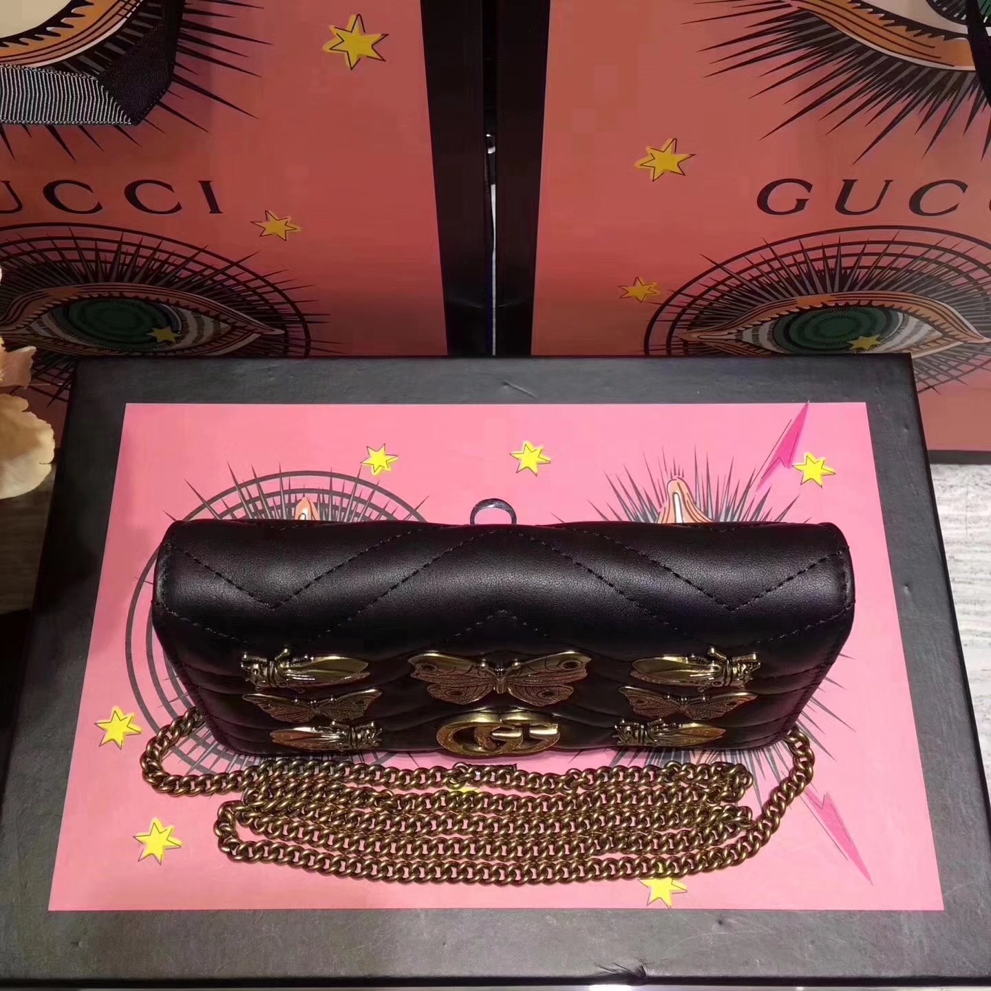 Gucci 488426 GG Marmont Animal Studs Black Leather Mini Bag