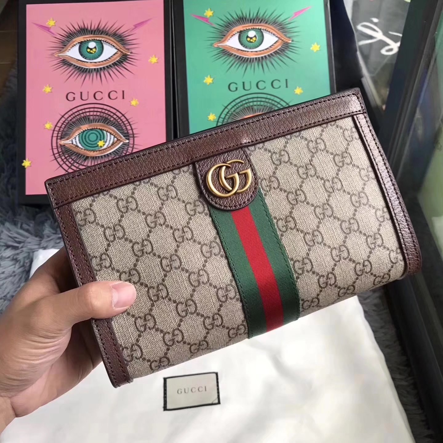 Gucci 493677 Ophidia GG Supreme Women Clutch Bag Coffee