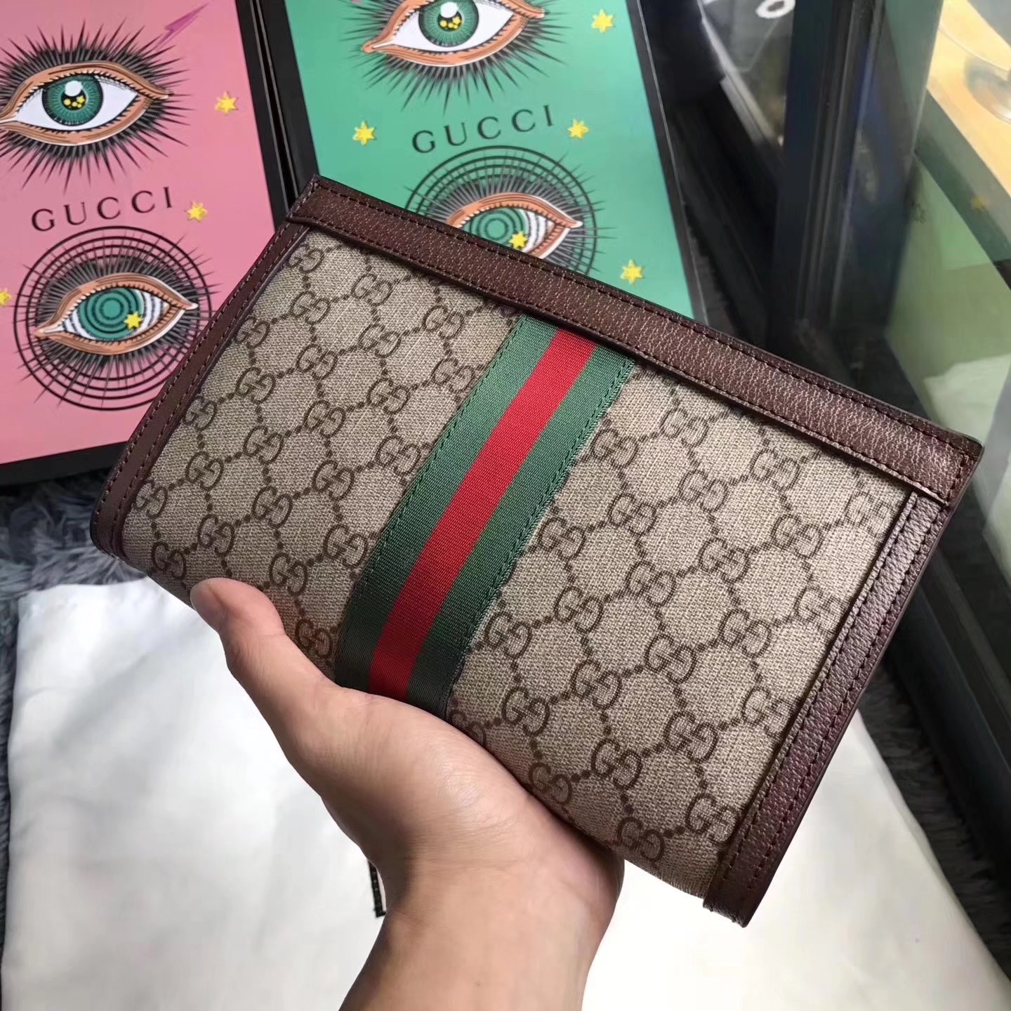 Gucci 493677 Ophidia GG Supreme Women Clutch Bag Coffee