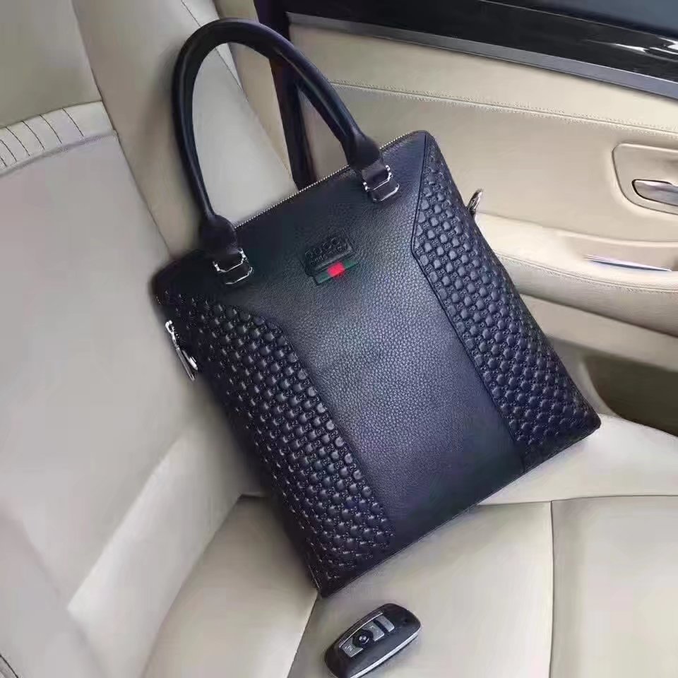 Gucci 634-2 Men Signature Leather Tote Bag Black