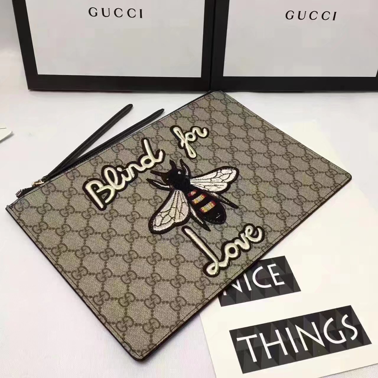 Gucci Embroidered GG Supreme Bee Pouch