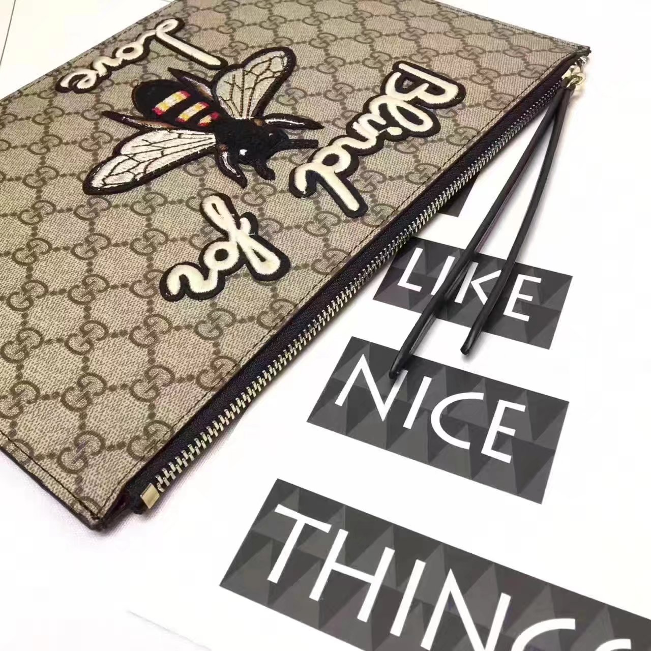 Gucci Embroidered GG Supreme Bee Pouch