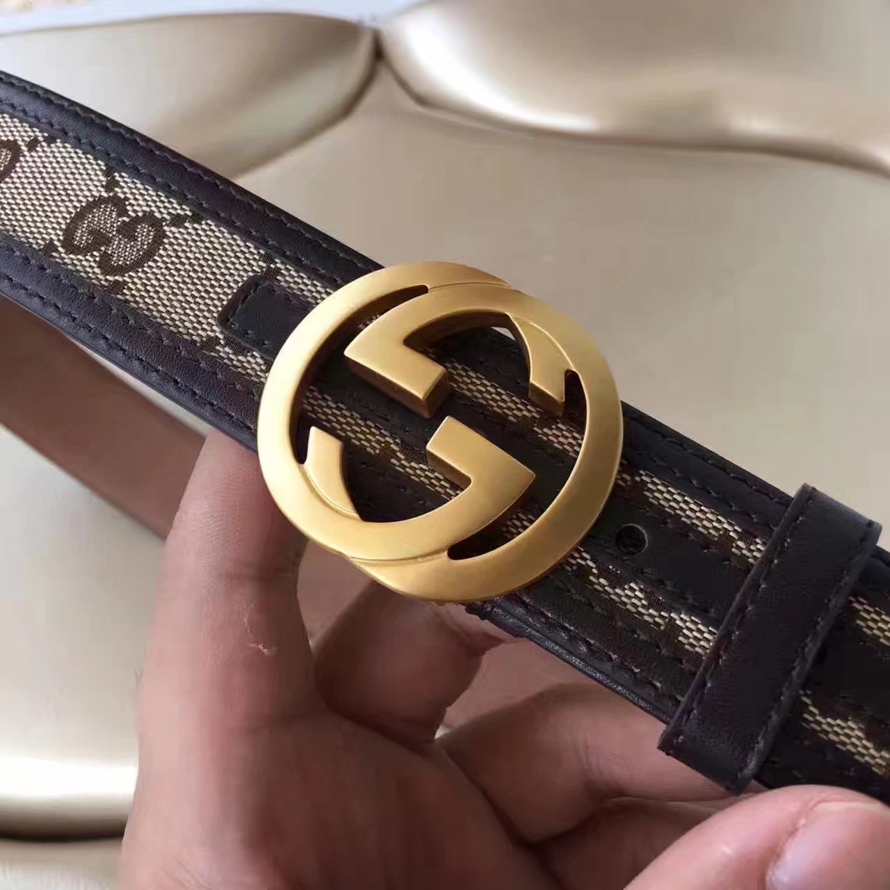 Gucci GG Supreme Leather Blet With Gold Double G Buckle