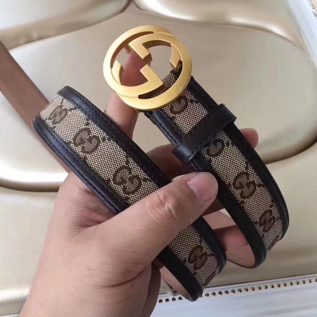 Gucci GG Supreme Leather Blet With Gold Double G Buckle