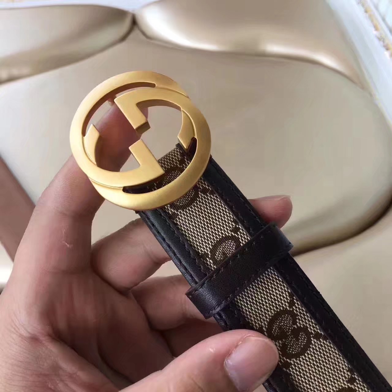 Gucci GG Supreme Leather Blet With Gold Double G Buckle