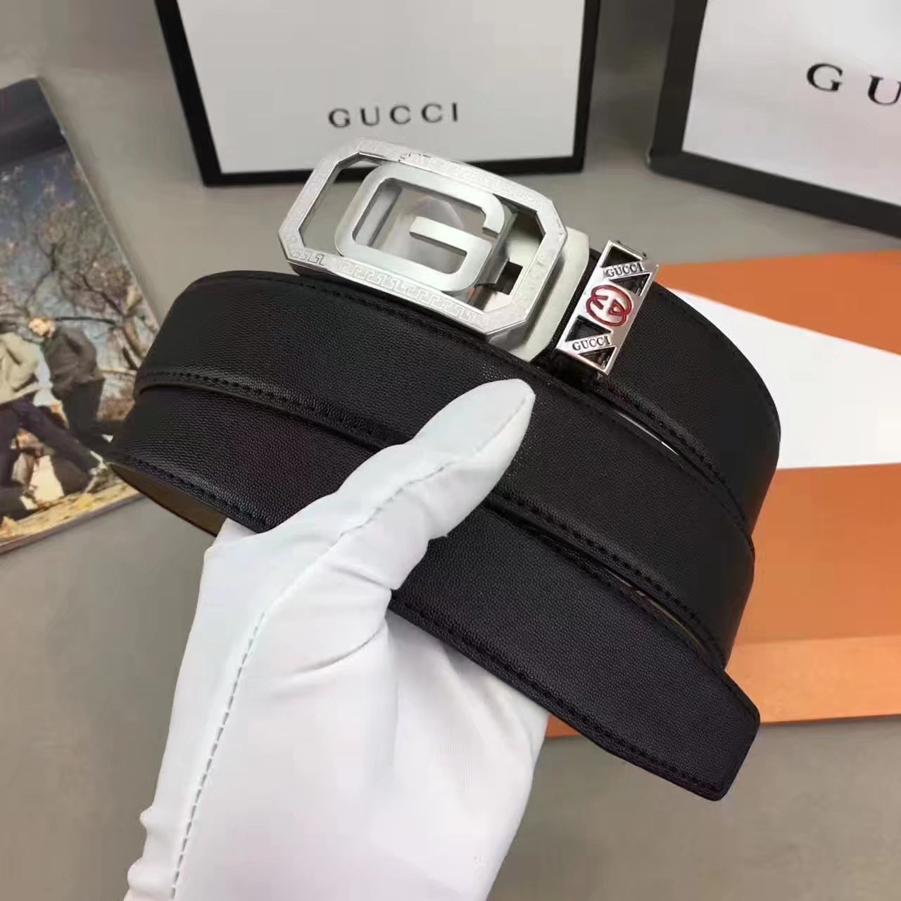 Gucci Leather Blet 3.4cm With Silver Double G Buckle 006