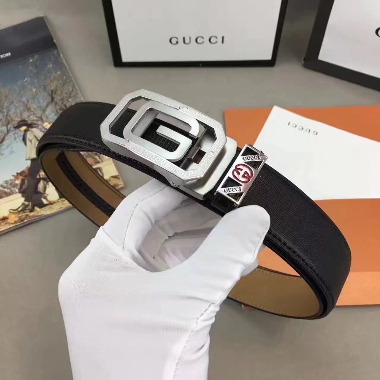 Gucci Leather Blet 3.4cm With Silver Double G Buckle 006