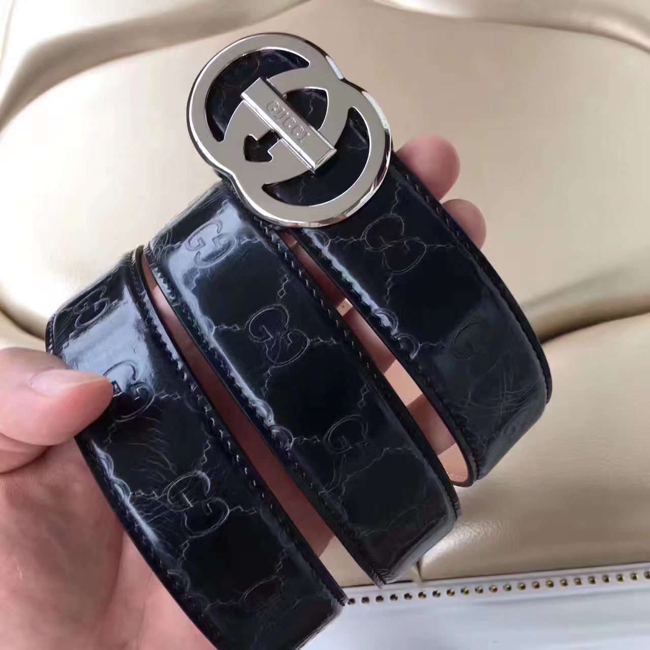 Gucci Leather Blet With Silver Double G Buckle 005