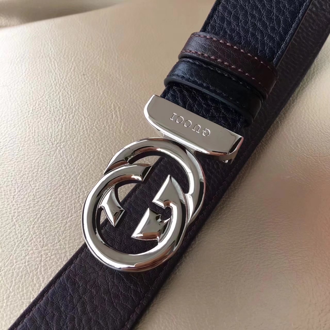 Gucci Men Leather Blet 3.5cm With Silver Double G Buckle 008