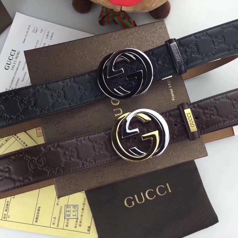 Gucci Men Leather Blet 3.5cm With Silver Gold Buckle 013