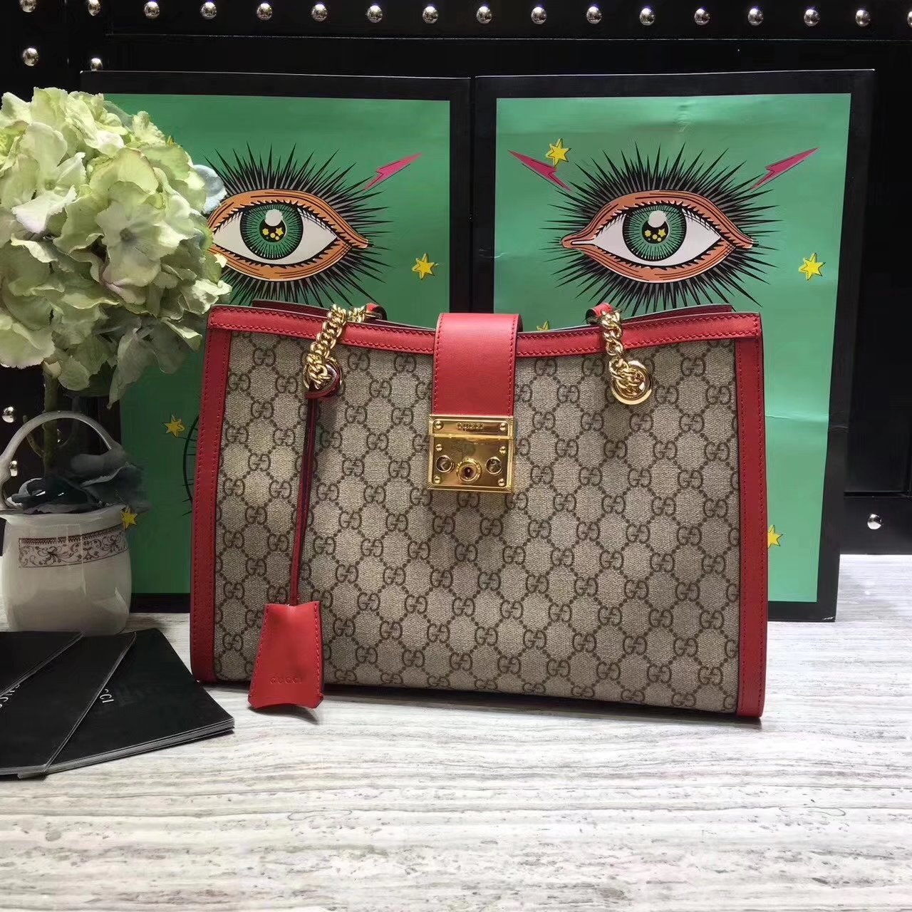 Gucci Padlock Medium GG Supreme Canvas Shoulder Bag Red