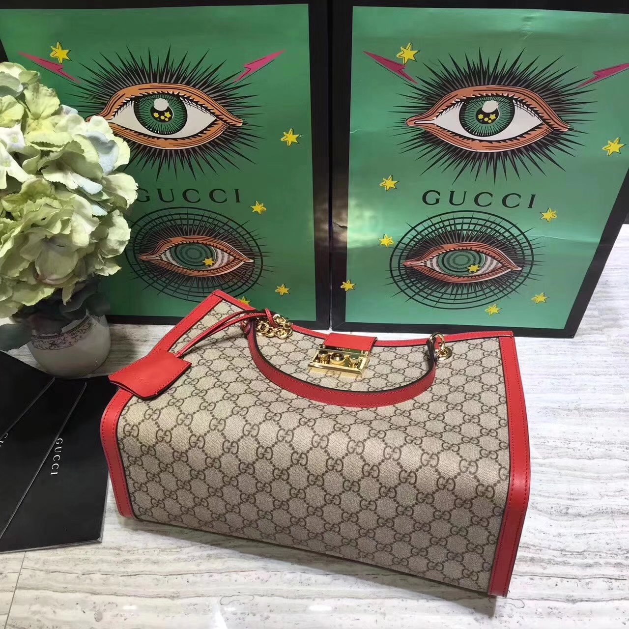 Gucci Padlock Medium GG Supreme Canvas Shoulder Bag Red