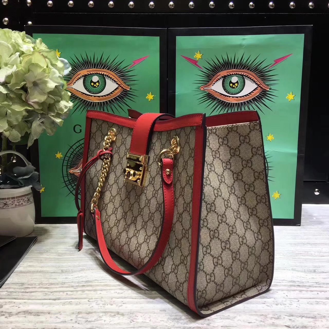 Gucci Padlock Medium GG Supreme Canvas Shoulder Bag Red