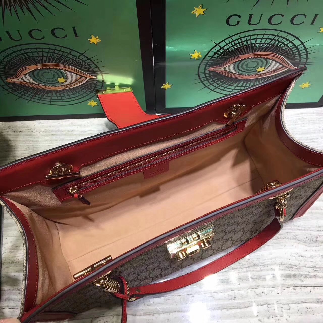 Gucci Padlock Medium GG Supreme Canvas Shoulder Bag Red