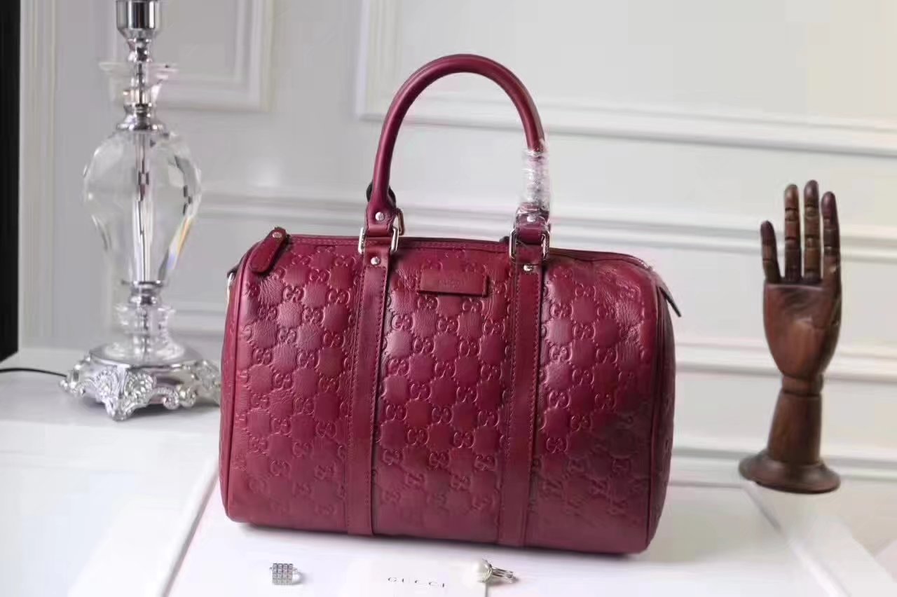 Gucci Signature Leather Women Boston Tote Bag Wine Red