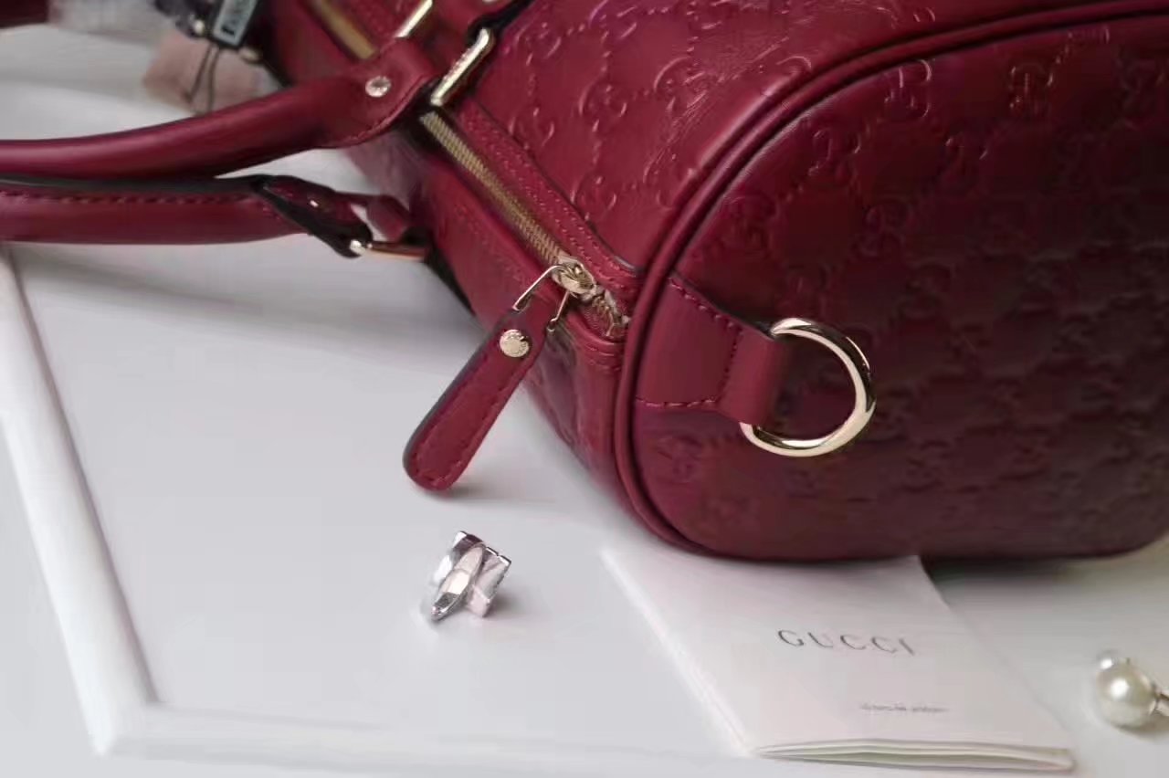 Gucci Signature Leather Women Boston Tote Bag Wine Red