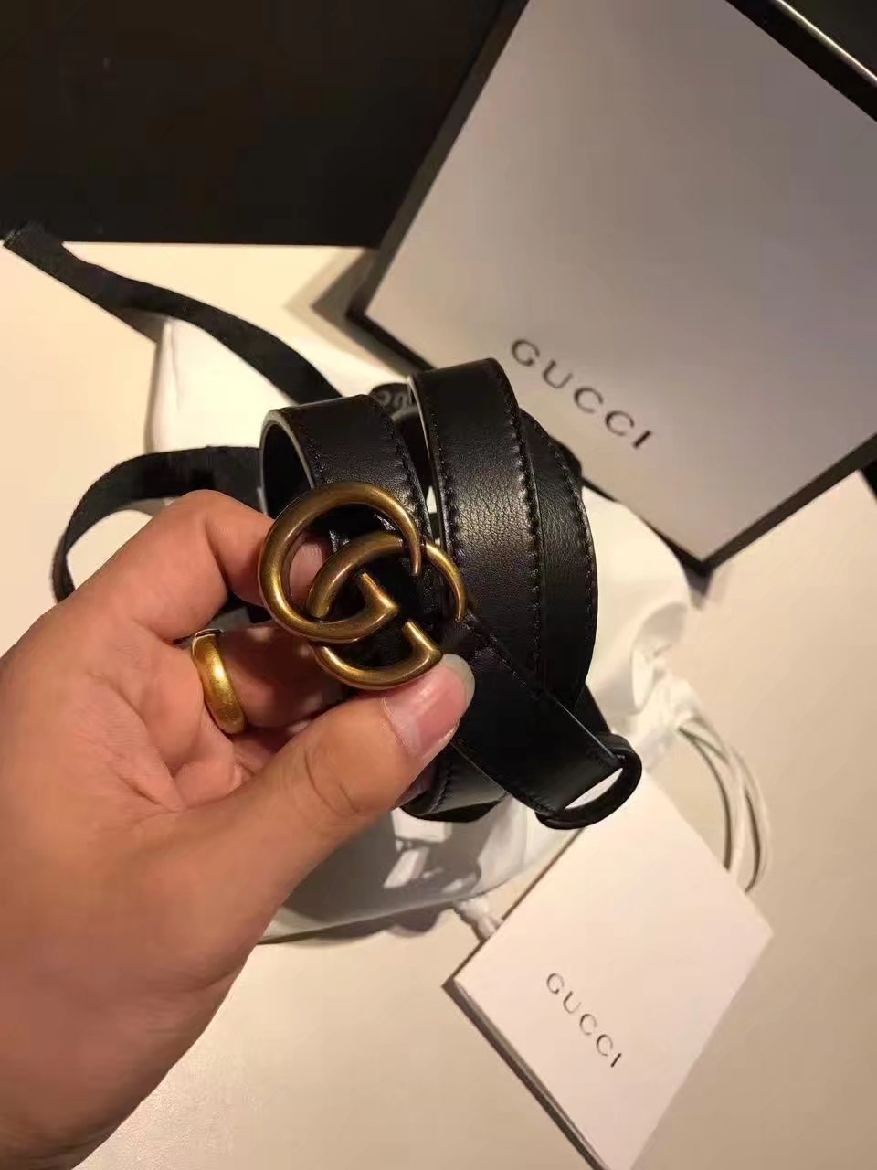 Gucci Wome Leather Belt With Gold Double G Buckle