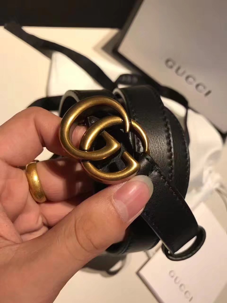 Gucci Wome Leather Belt With Gold Double G Buckle