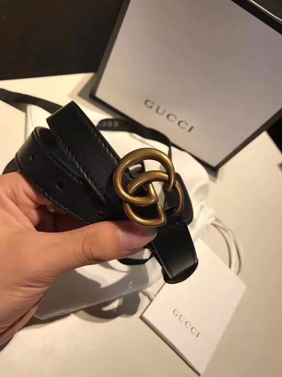 Gucci Wome Leather Belt With Gold Double G Buckle