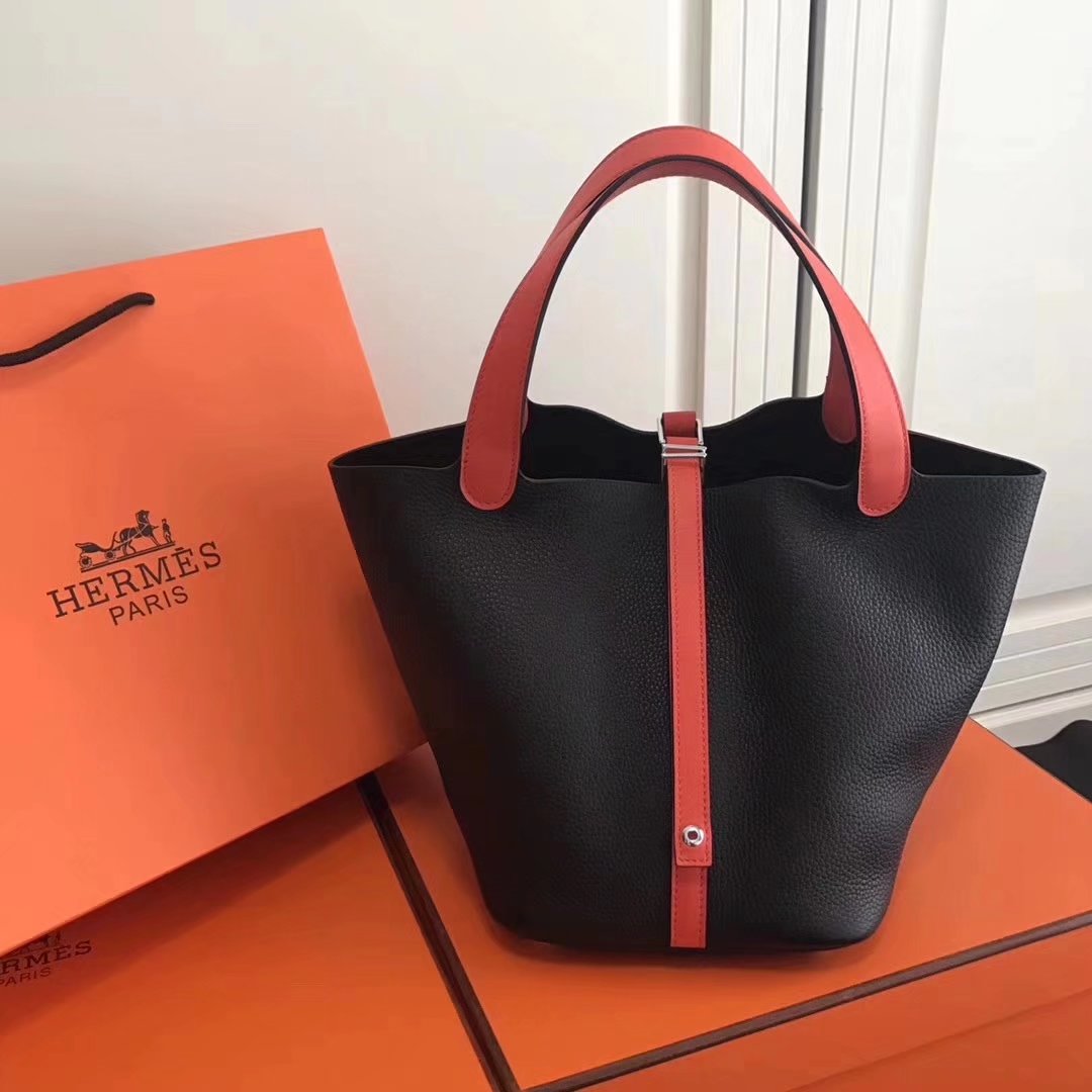 Hermes 20cm Picotin Lock Bag Bi-Color Wide Handle Black