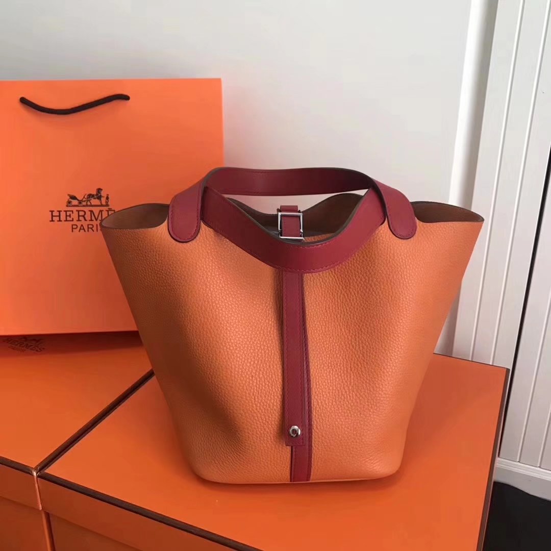 Hermes 20cm Picotin Lock Bag Bi-Color Wide Handle Orange