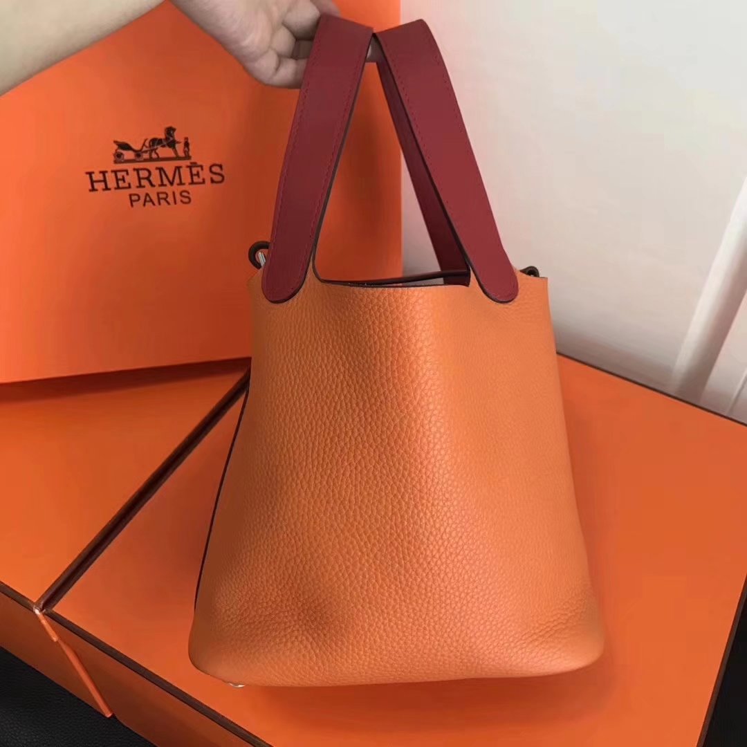 Hermes 20cm Picotin Lock Bag Bi-Color Wide Handle Orange