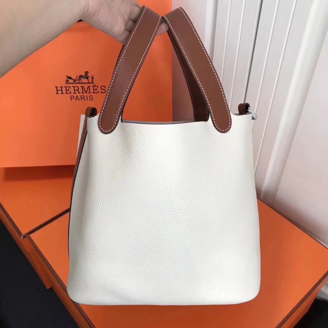 Hermes 20cm Picotin Lock Bag Bi-Color Wide Handle White