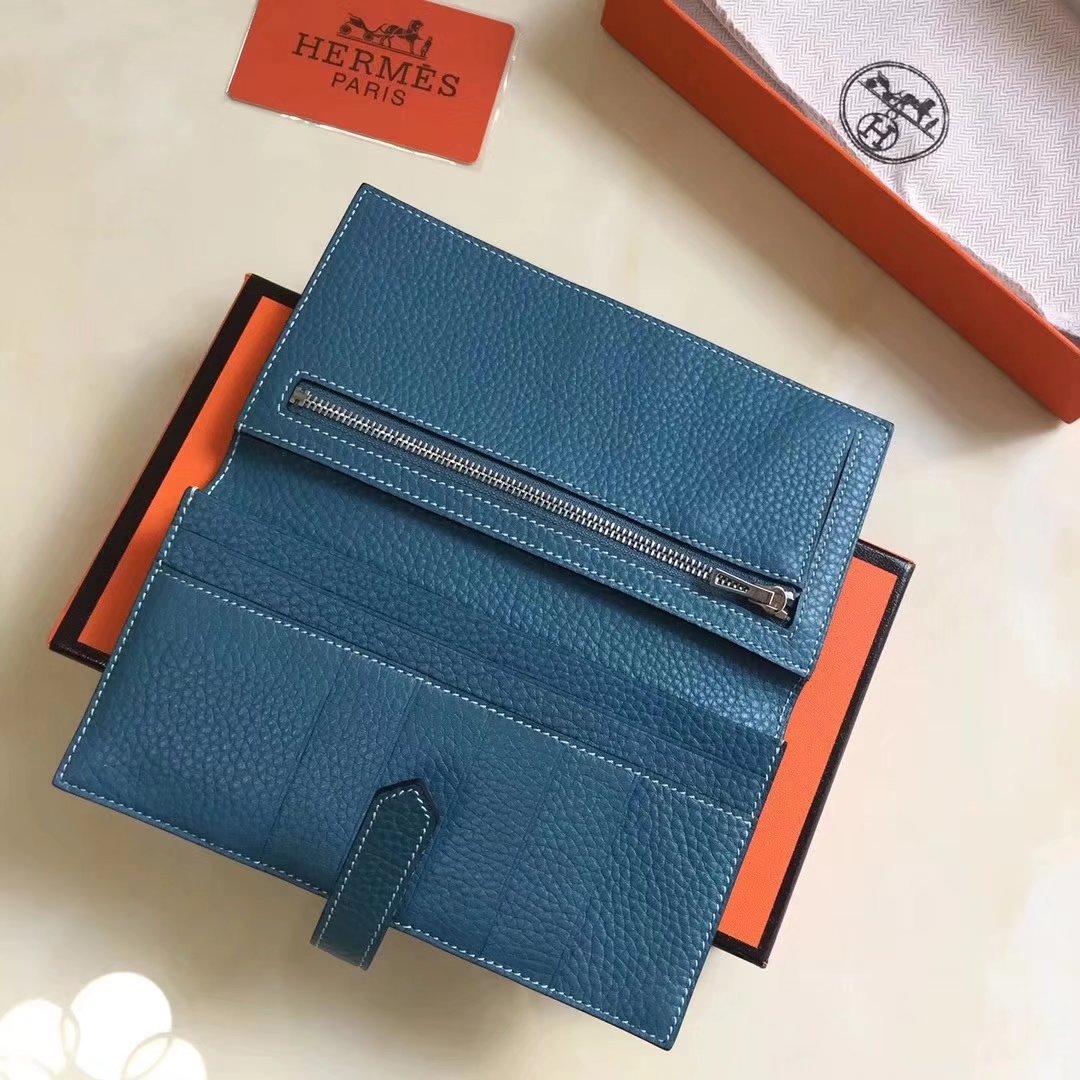 Hermes Bearn Bifold Wallet Togo Leather Blue