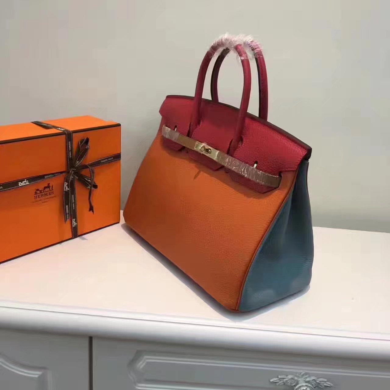 Hermes Birkin 35-30cm Bag Tri-Color Handbag Orange Gold