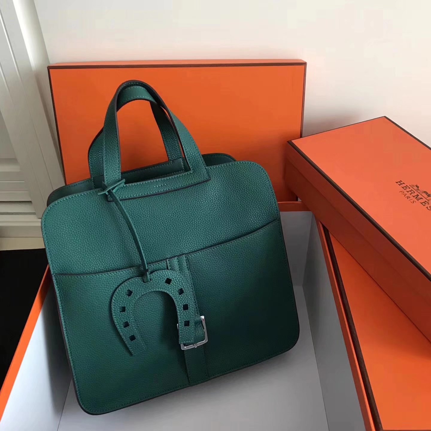 Hermes Halzan 31cm Malachite Swift Calfskin Bag