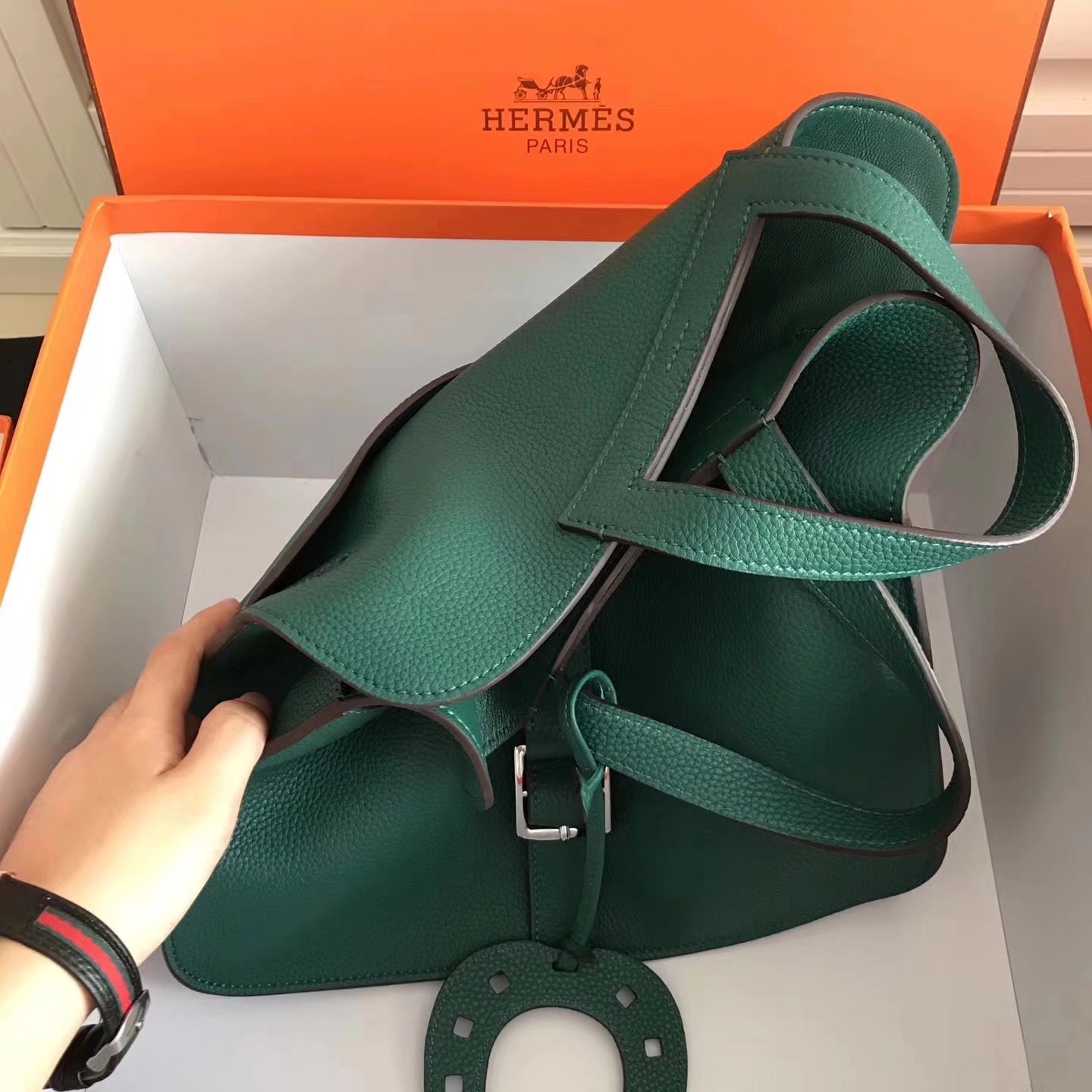 Hermes Halzan 31cm Malachite Swift Calfskin Bag