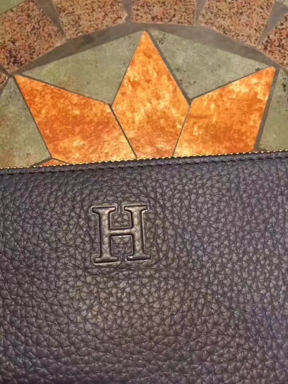 Hermes Leather 24cm Men's Pouch Khaki and Blue