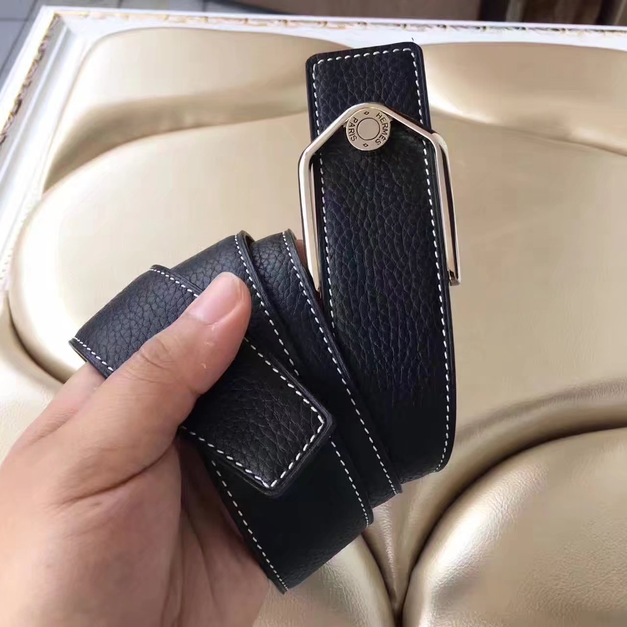 Hermes Leather Reversible Black Belt With Silver Buckle 010