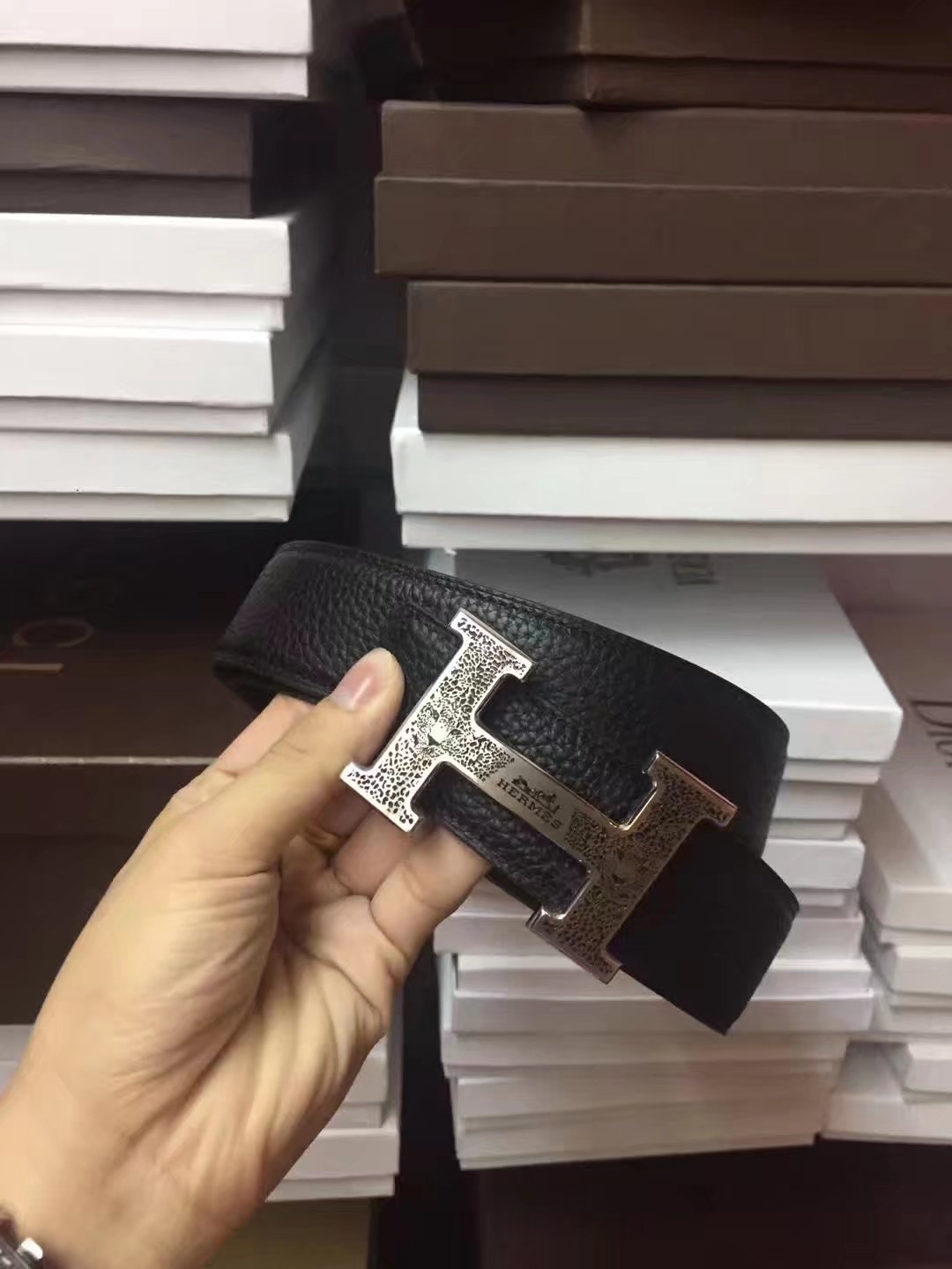 Hermes Leather Reversible Black Belt With Silver H Buckle 007