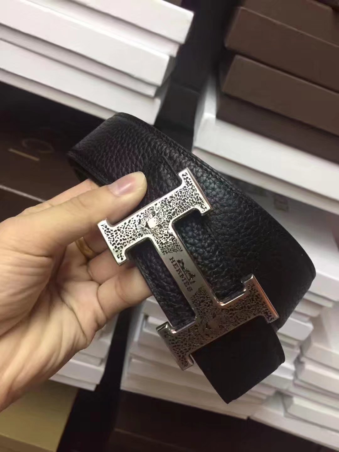 Hermes Leather Reversible Black Belt With Silver H Buckle 007