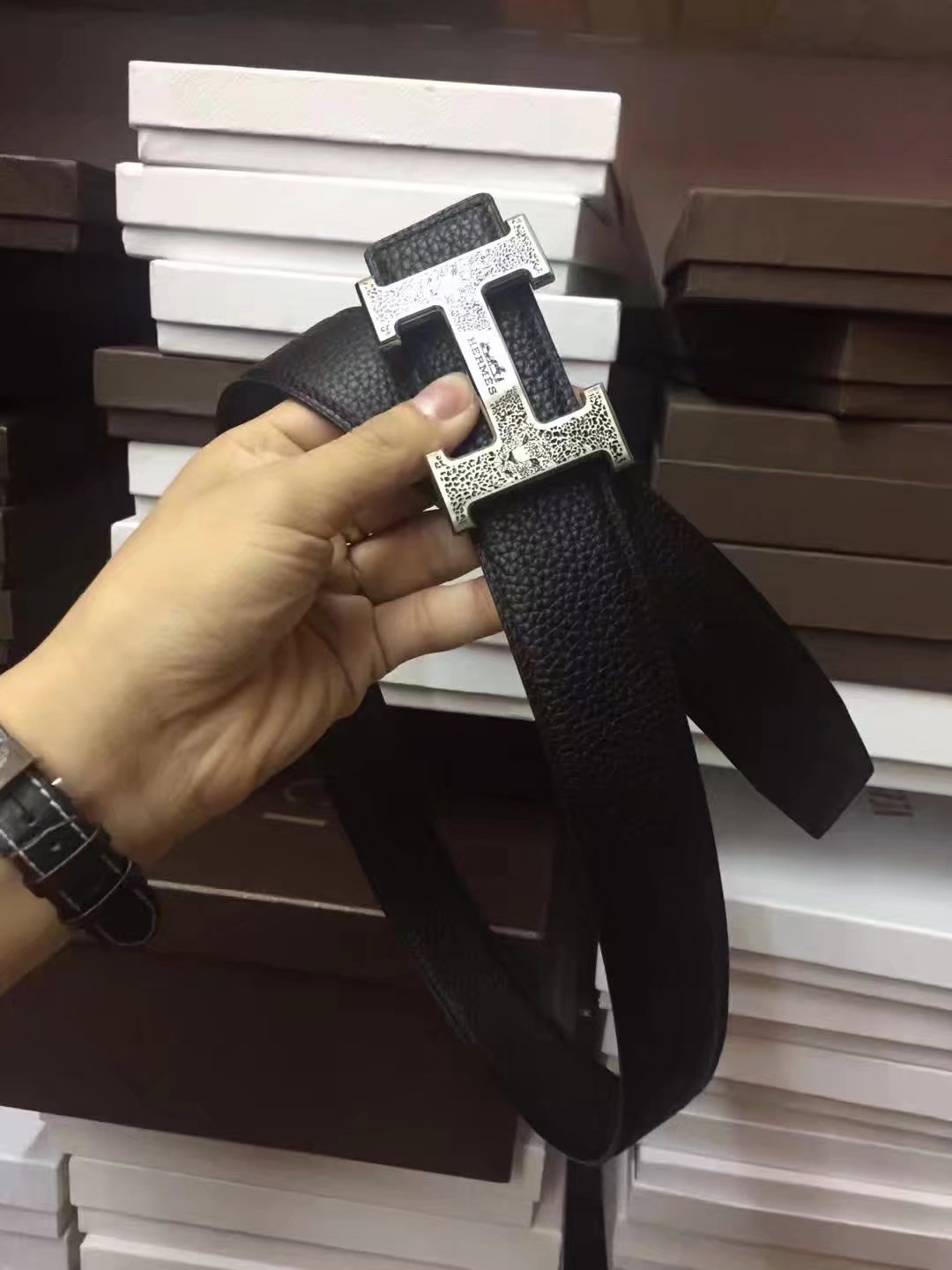 Hermes Leather Reversible Black Belt With Silver H Buckle 007