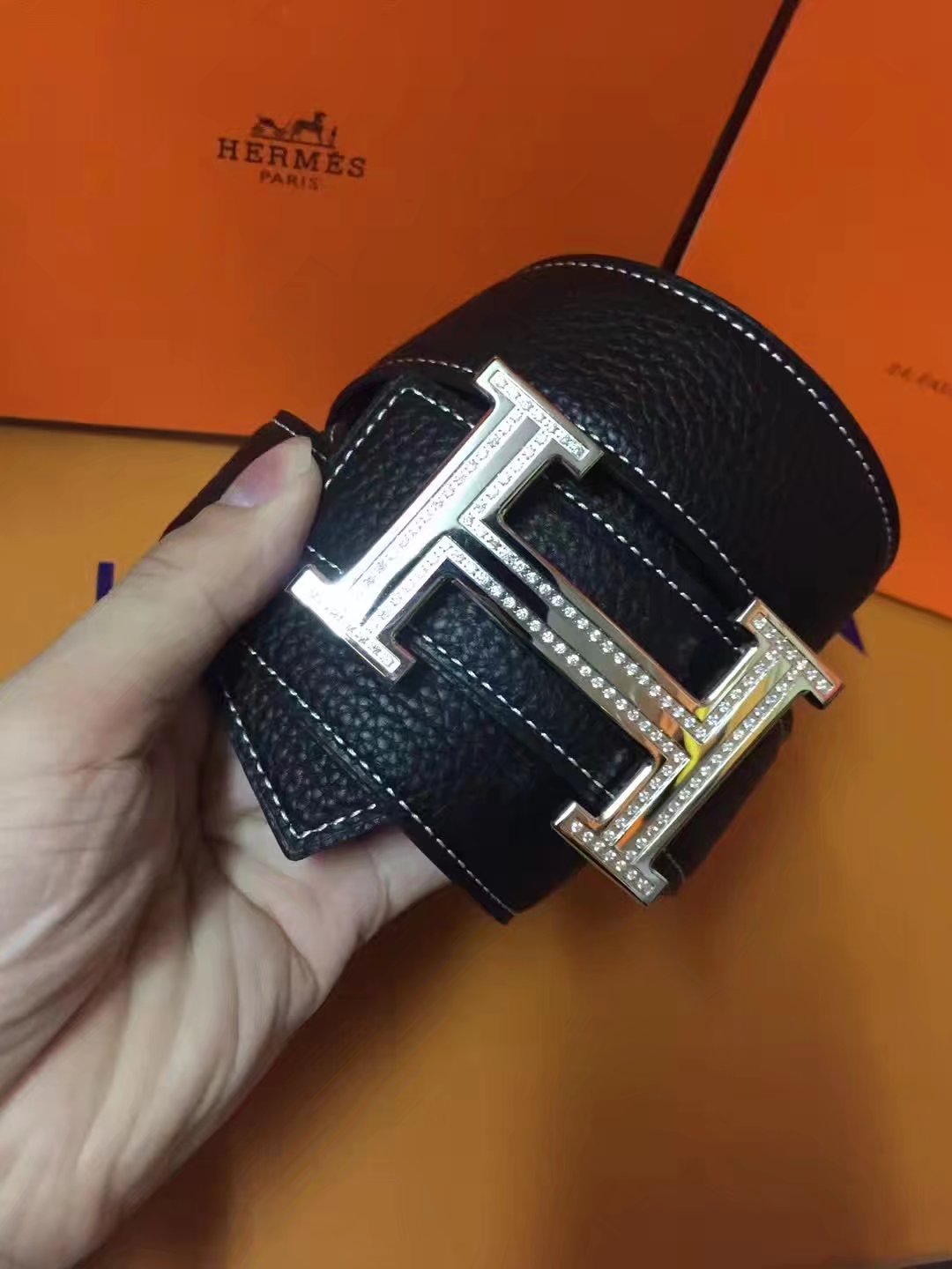 Hermes Leather Reversible Black Belt With Silver H Buckle Diamonds 007