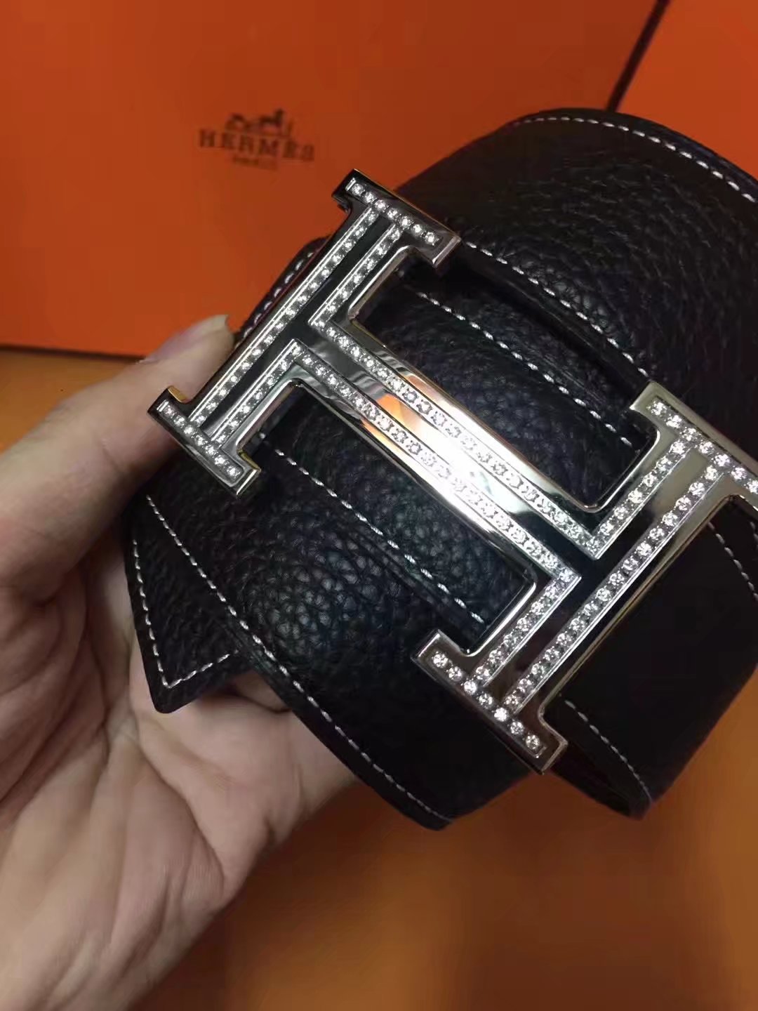 Hermes Leather Reversible Black Belt With Silver H Buckle Diamonds 007