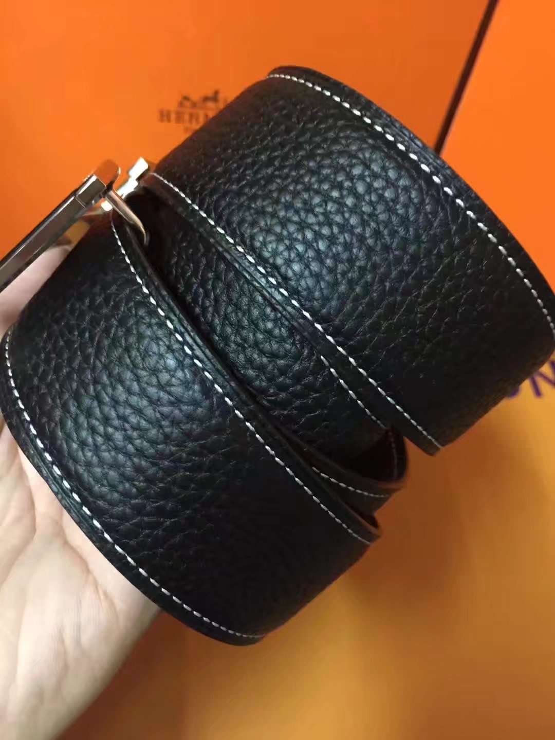 Hermes Leather Reversible Black Belt With Silver H Buckle Diamonds 007