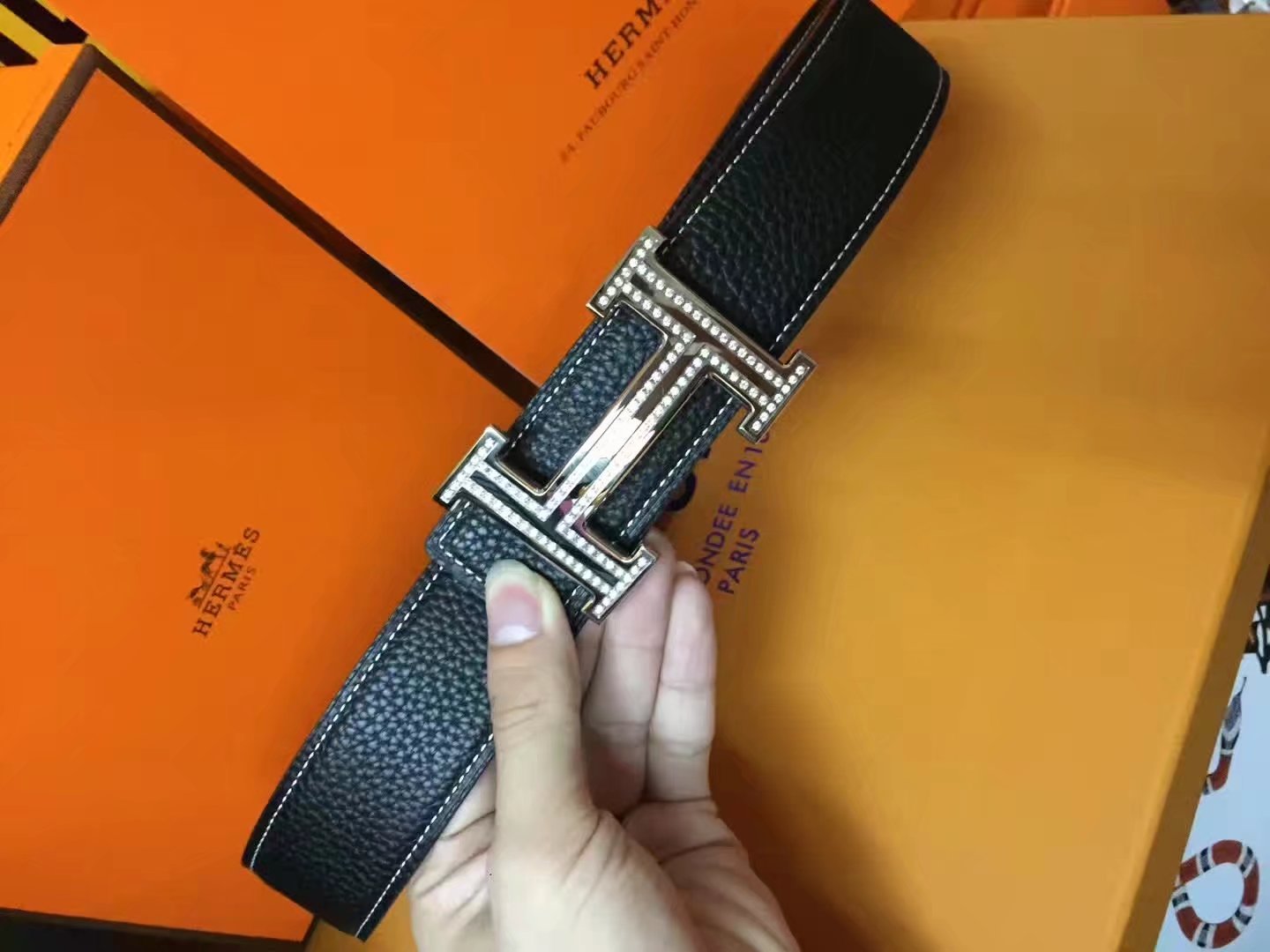 Hermes Leather Reversible Black Belt With Silver H Buckle Diamonds 007