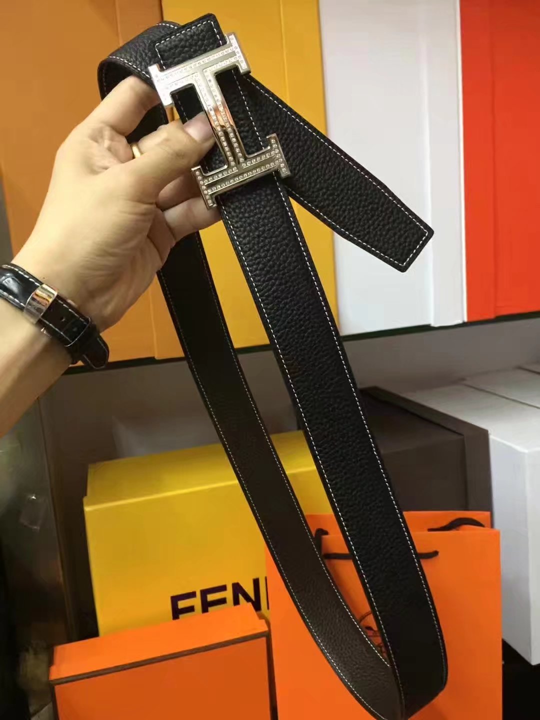 Hermes Leather Reversible Black Belt With Silver H Buckle Diamonds 007