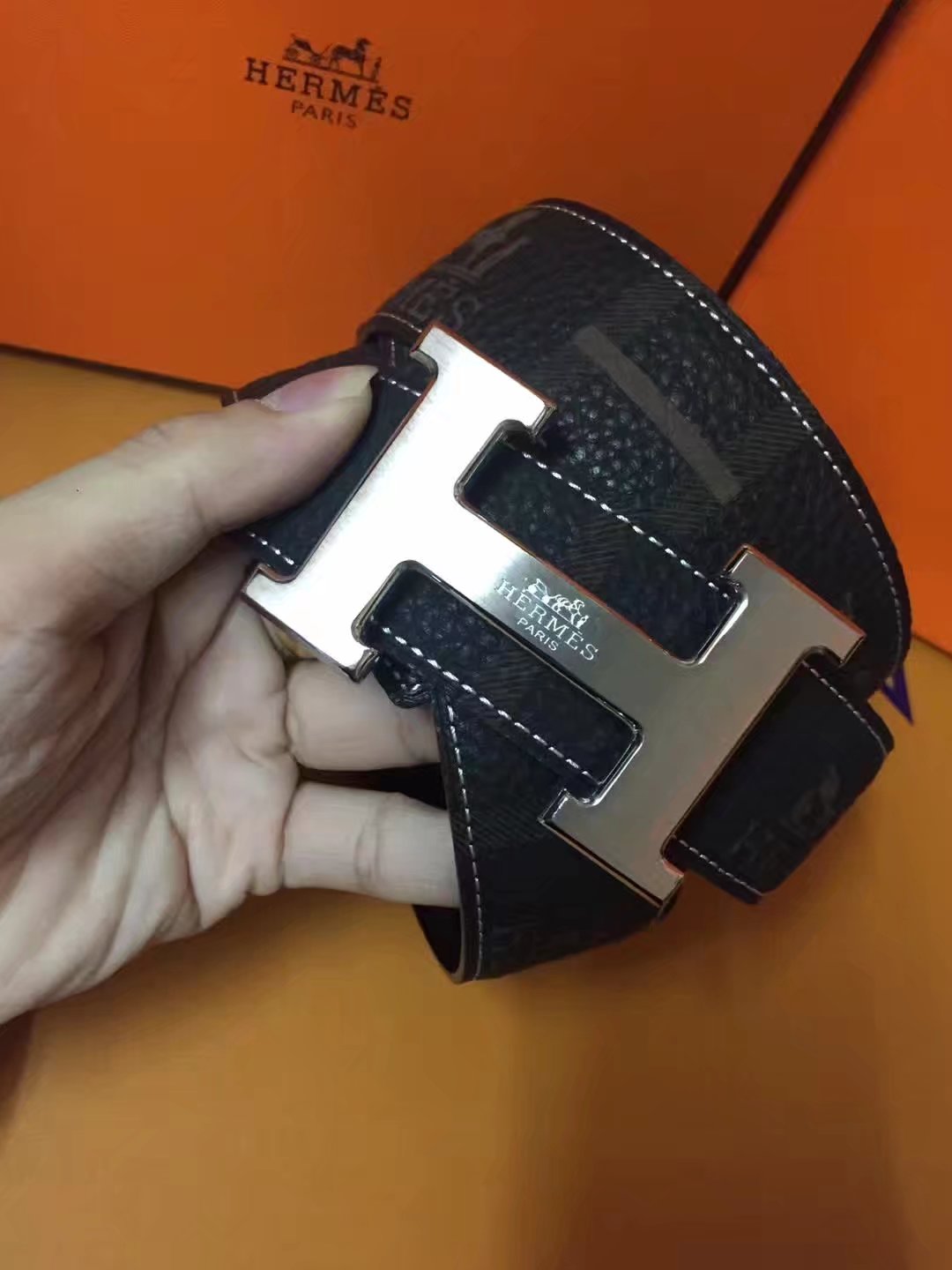 Hermes Leather Reversible Black Belt With Silver H Logo Buckle 006