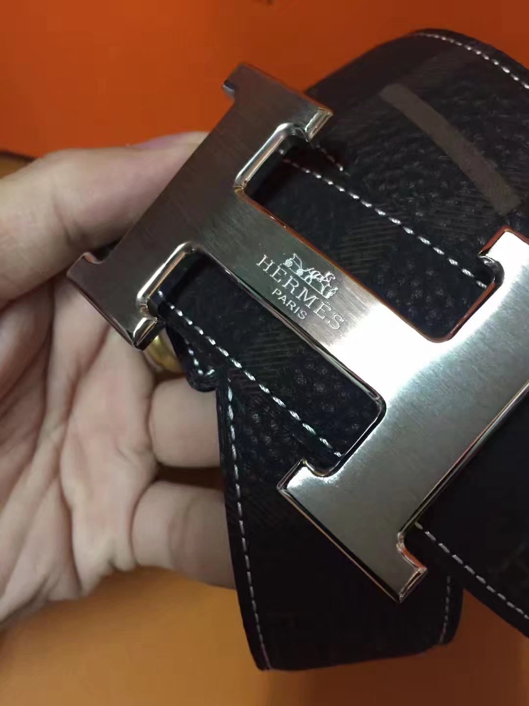 Hermes Leather Reversible Black Belt With Silver H Logo Buckle 006