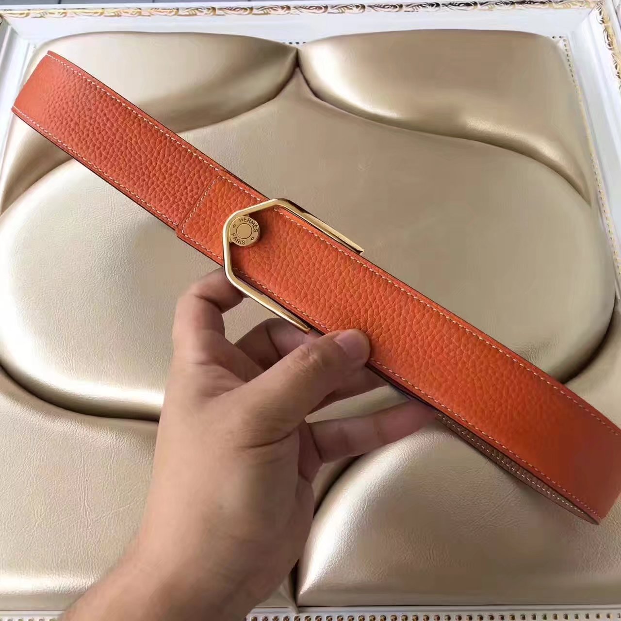 Hermes Leather Reversible Orange Belt With Gold Buckle 011