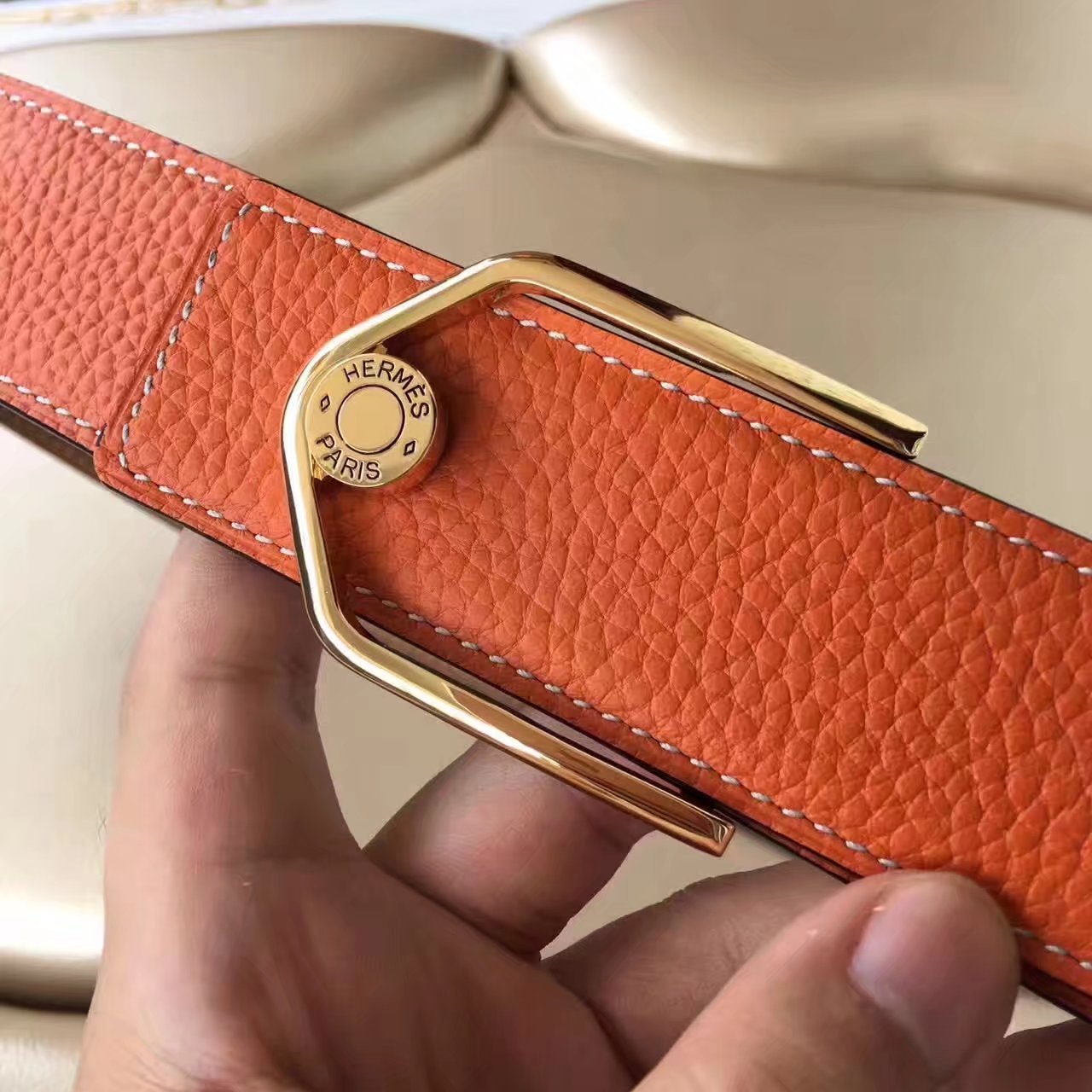 Hermes Leather Reversible Orange Belt With Gold Buckle 011