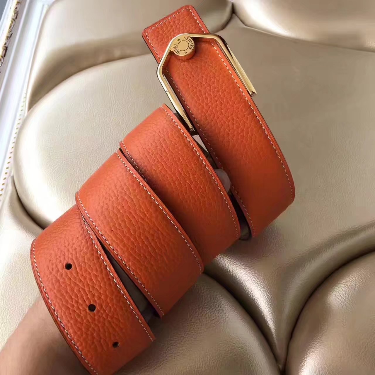 Hermes Leather Reversible Orange Belt With Gold Buckle 011