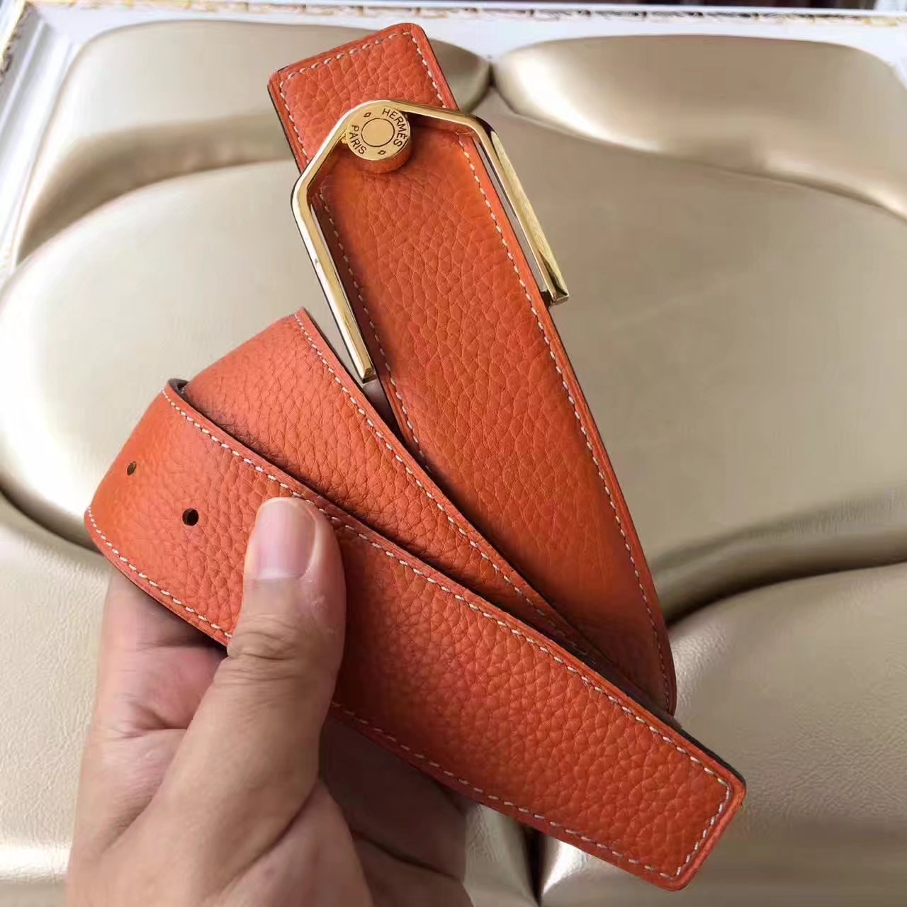 Hermes Leather Reversible Orange Belt With Gold Buckle 011