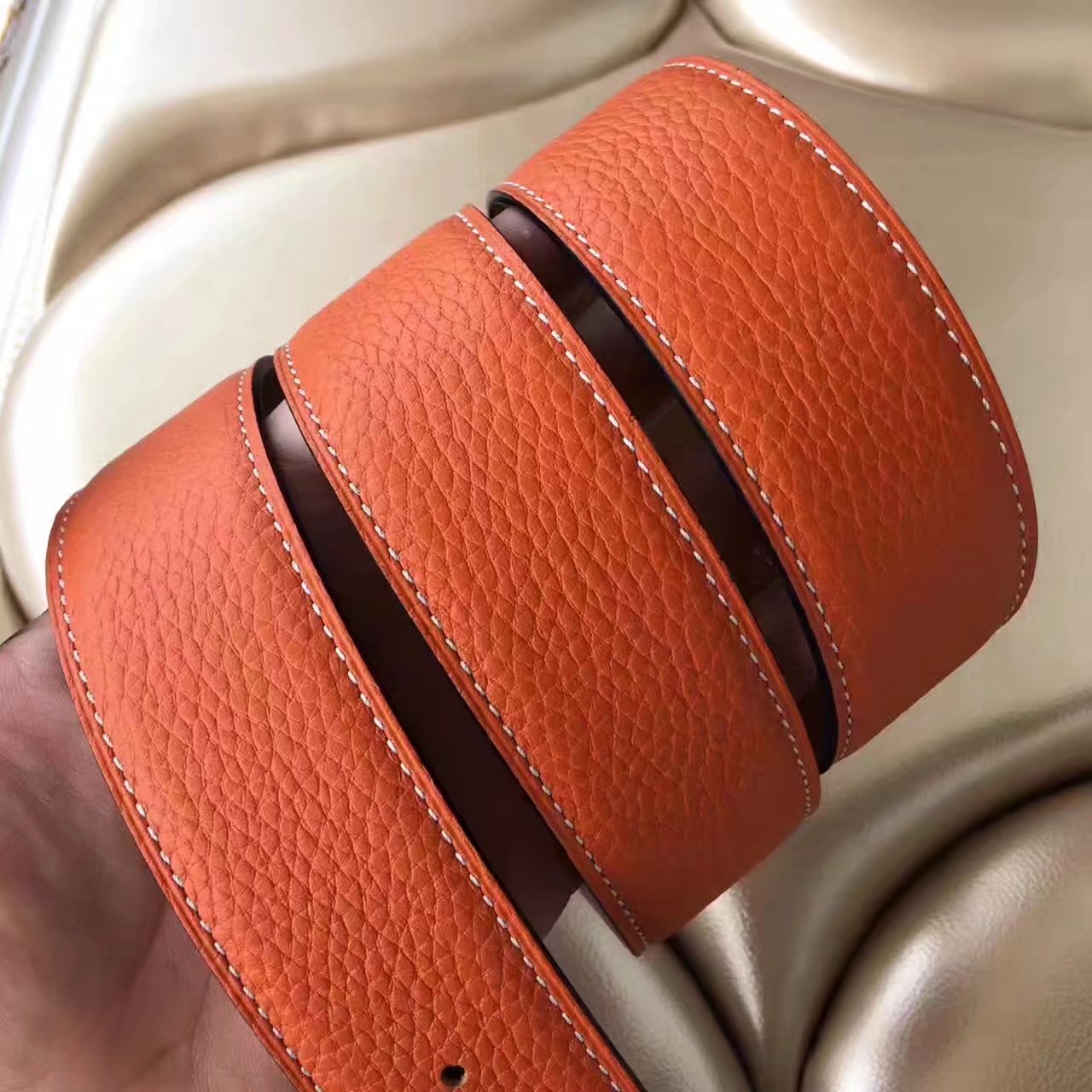 Hermes Leather Reversible Orange Belt With Gold Buckle 011