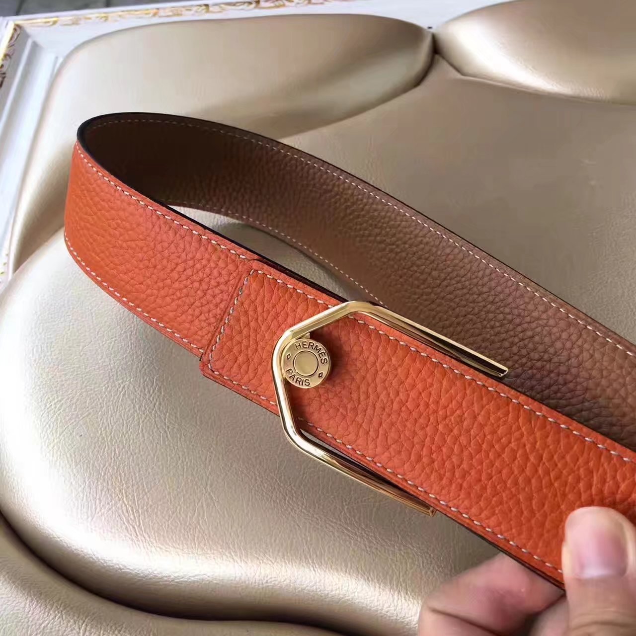 Hermes Leather Reversible Orange Belt With Gold Buckle 011