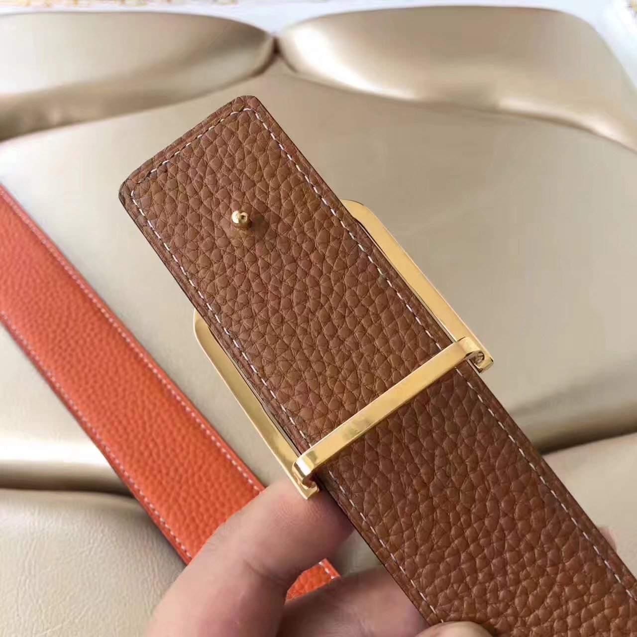 Hermes Leather Reversible Orange Belt With Gold Buckle 011